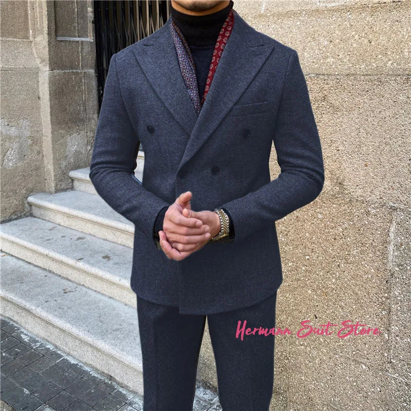 Wool Blend Men's 2 Piece Suit Set（Jacket+Pants) Double Breasted Lapel Suit Set Wedding  Prom Dinner Wrok Travel Dinner Banquet