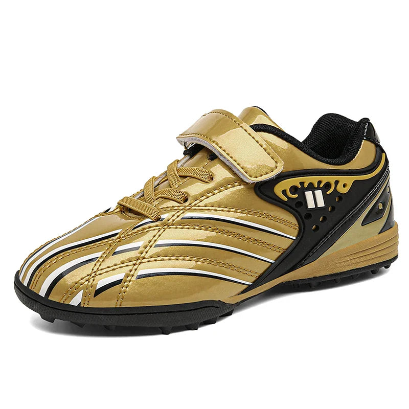 Fashion Gold Children's Football Shoes Outdoor Non-slip Turf Soccer Shoes Kids HOOK&LOOP Low-cut Sports Sneakers Child Trainers