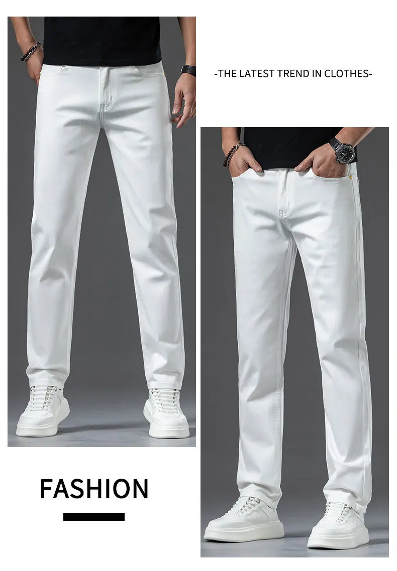 2024 New Men's Khaki White Cotton Stretch Slim Smart Jeans Casual Straight Business Fashion Beige Brand Denim Trousers