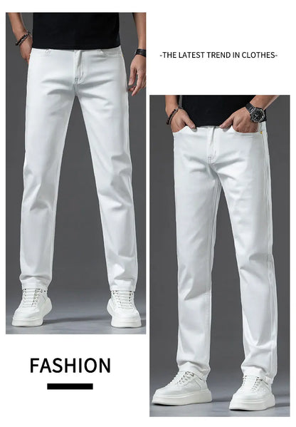 2024 New Men's Khaki White Cotton Stretch Slim Smart Jeans Casual Straight Business Fashion Beige Brand Denim Trousers