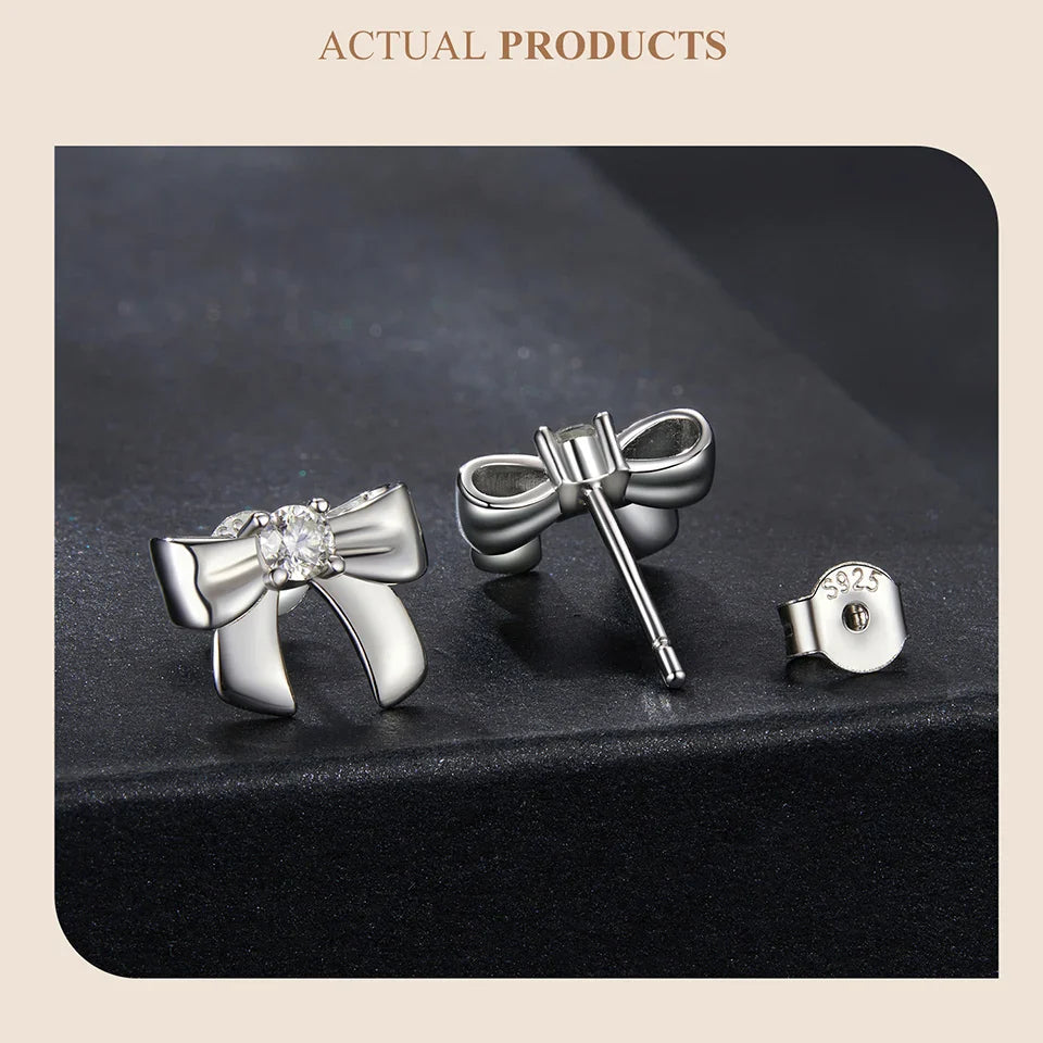 Solid 925 Sterling Silver Bow Moissanite Stud Earrings for Women Teens Small Ribbon Stud Earrings Bowknot MSE085