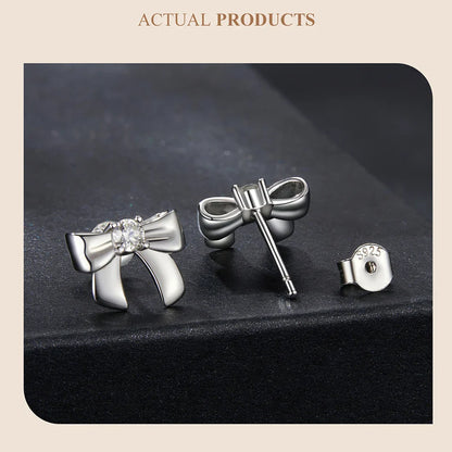 Solid 925 Sterling Silver Bow Moissanite Stud Earrings for Women Teens Small Ribbon Stud Earrings Bowknot MSE085