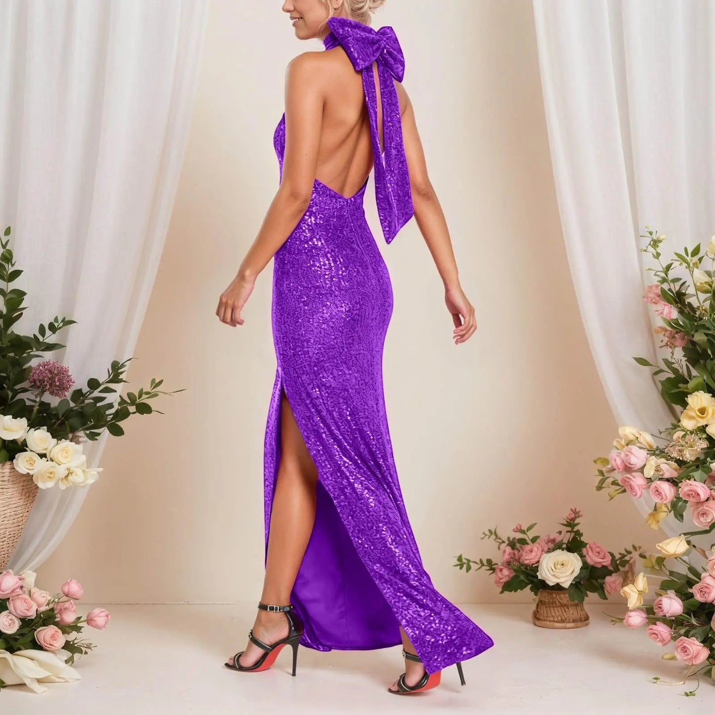 Women's Sequined Long Party Dresses Fashion Solid Color Hanging Neck Round Neck Bow Sleeveless Slit Long Dress Evening Dresses