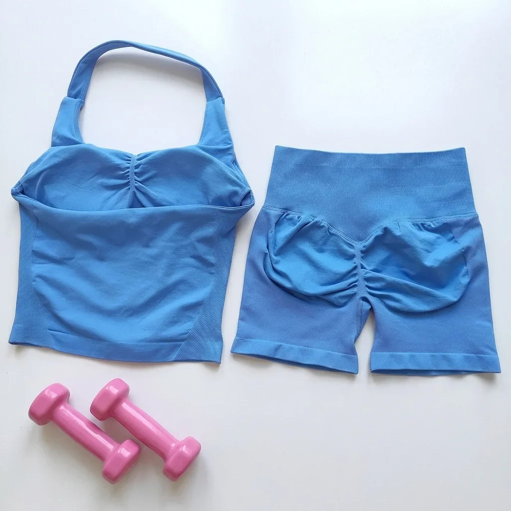 Sexy Halter Neck Beautiful Back High Waist Peach Sports Bras Shorts Suit Pilates Gathering Yoga Vest Training Fitness Bra Sets
