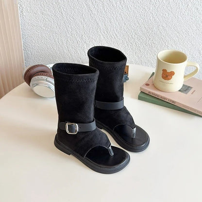 Summer Princess Long Pipe Boots Roman Sandals for Kids Girl Brand Design Ankle Strape Stretch-Satin Flip Flop Girls Shoes I06242