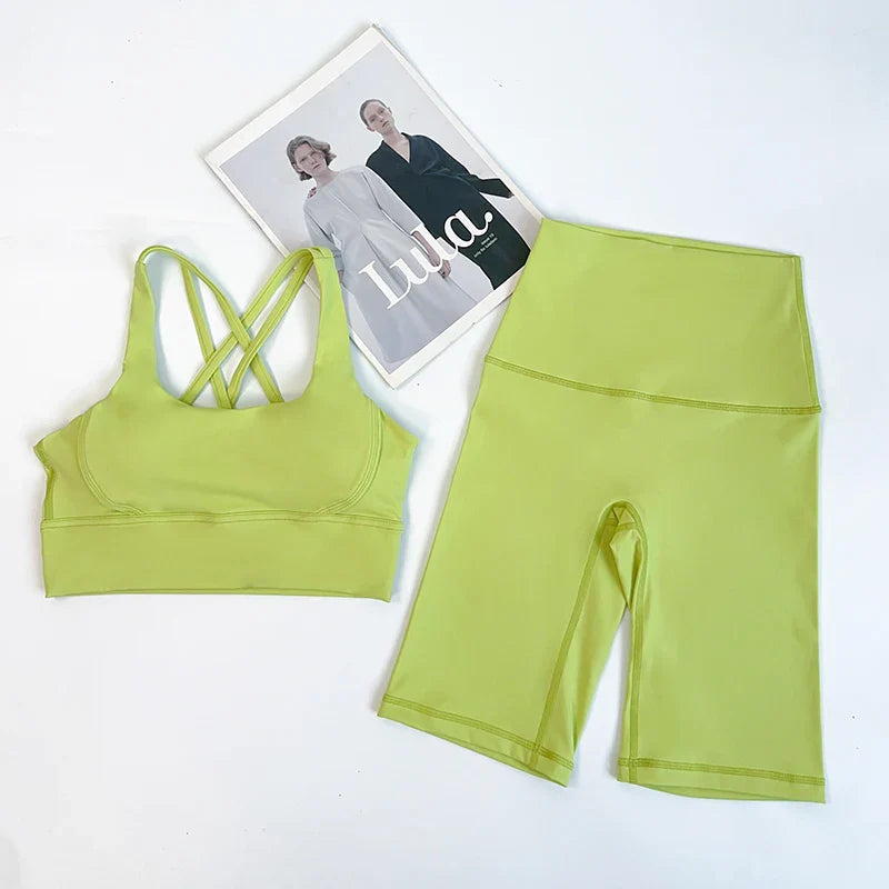 2 Pieces Yoga Shorts Gym Sports Sets Women Fitness Suits Cross Back Bra Top High Waist Shorts Running Workout Tracksuit👚👍️
