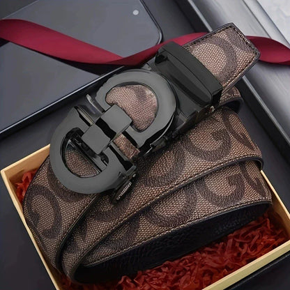 Men's Sleek Automatic Buckle Belt - Genuine FauxwithTextured Square Pattern, Black, Simple & Stylish DesignforCasual Attire