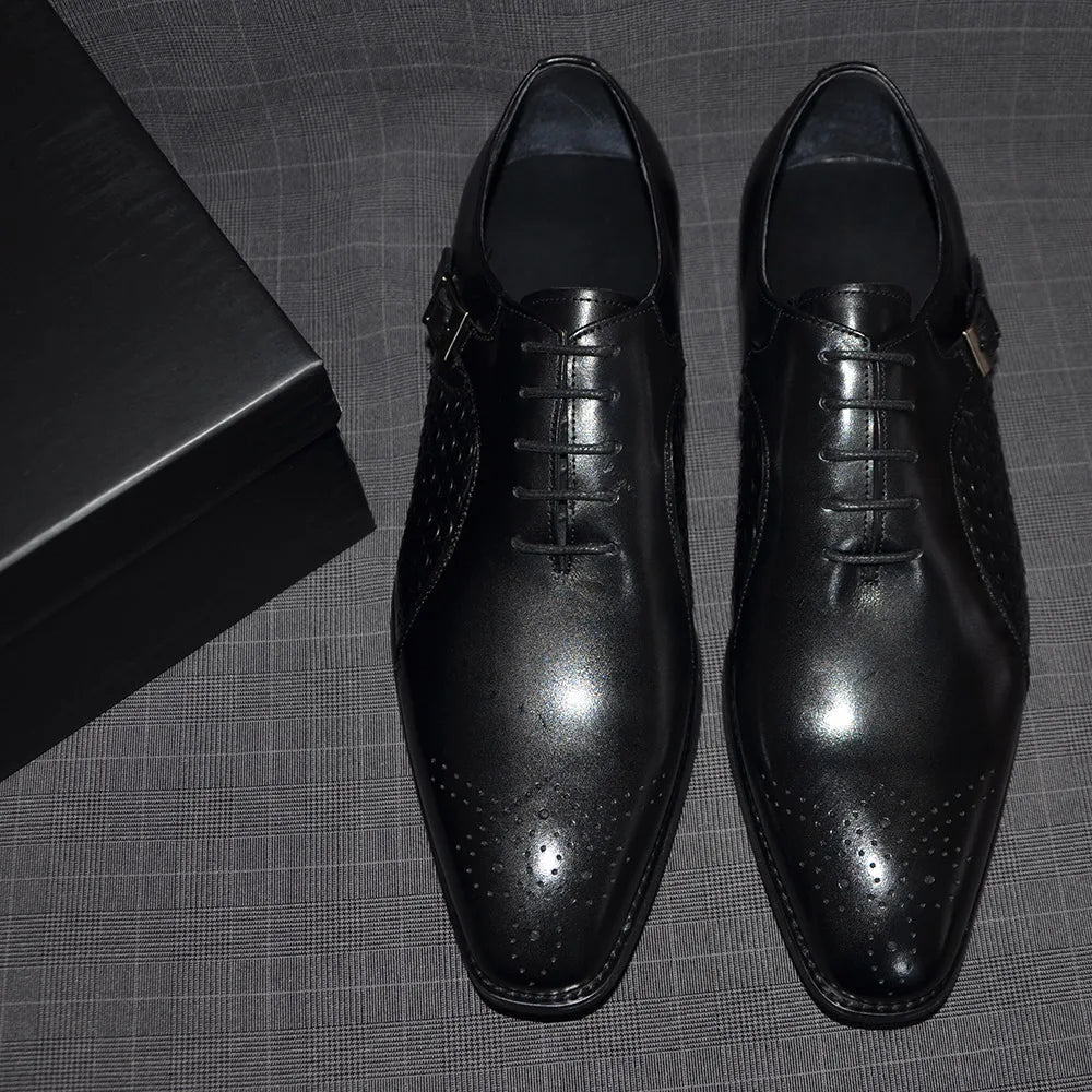 Classy Men's Genuine Leather Oxford Dress Shoes Blue Black Lace-up Brogue Pointed Business Wedding Party Formal Shoes for Men