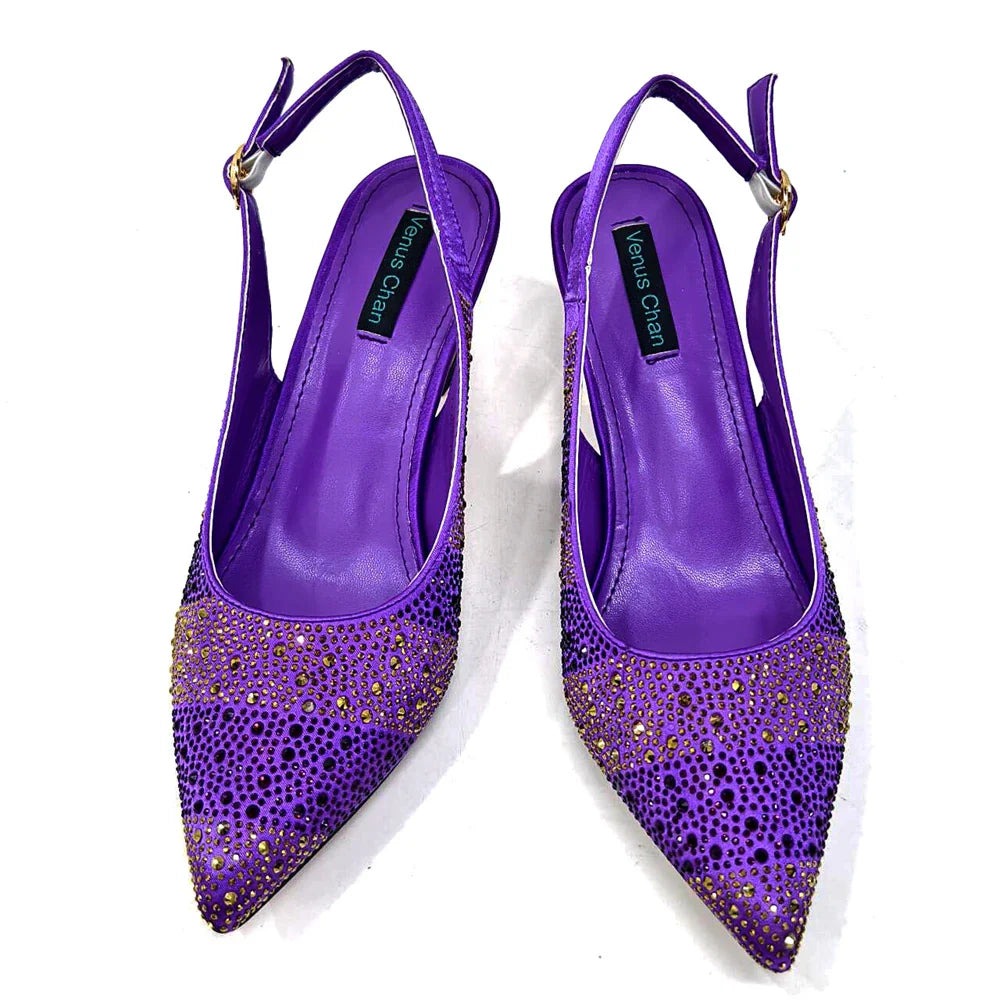 Elegant High Heels Shoes and Bag Set for Women Pointed Toe Black Color Hollow Rhinestones Matching Bag