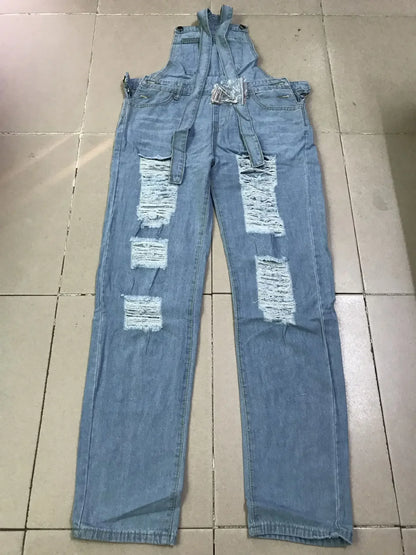 Calça Jeans de Uma Peça Suspensa Reta