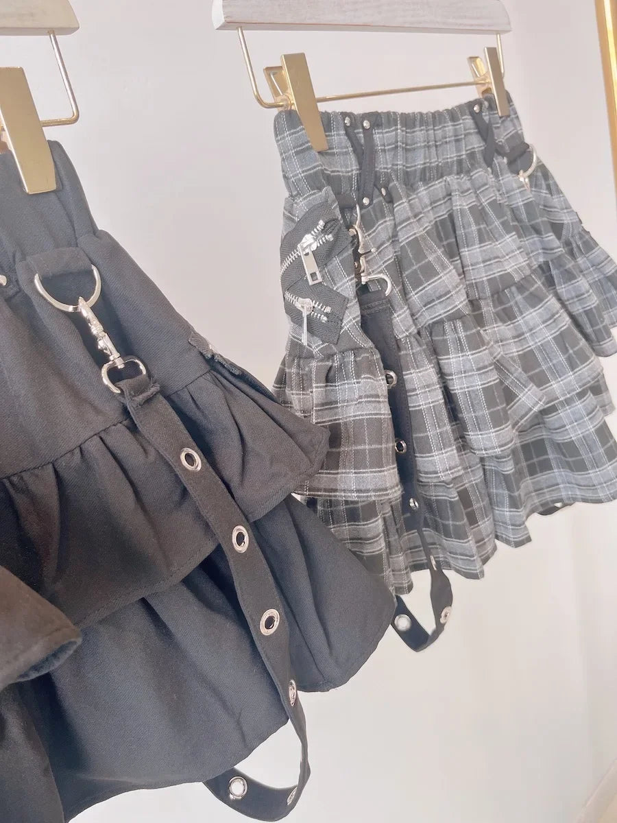 Japanese Style Mine Harajuku Punk Metal Buckle with Packet Decorative Ruffled Short Skirt Sweet Cool Girl Women's Plaid Skirt