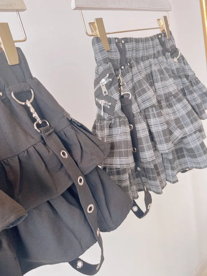 Japanese Style Mine Harajuku Punk Metal Buckle with Packet Decorative Ruffled Short Skirt Sweet Cool Girl Women's Plaid Skirt