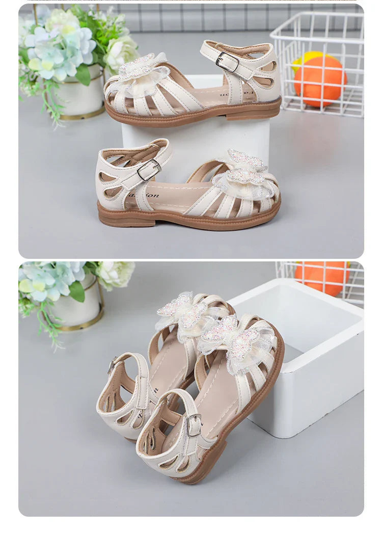 Shine Children Sandals for Girls Butterfly Cute Designer Kids Shoes Peep-toe Korean Style 2023 Summer New Soft Breatheable Chic