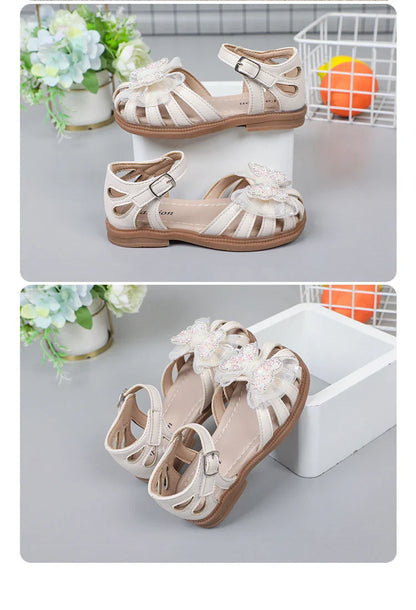 Shine Children Sandals for Girls Butterfly Cute Designer Kids Shoes Peep-toe Korean Style 2023 Summer New Soft Breatheable Chic