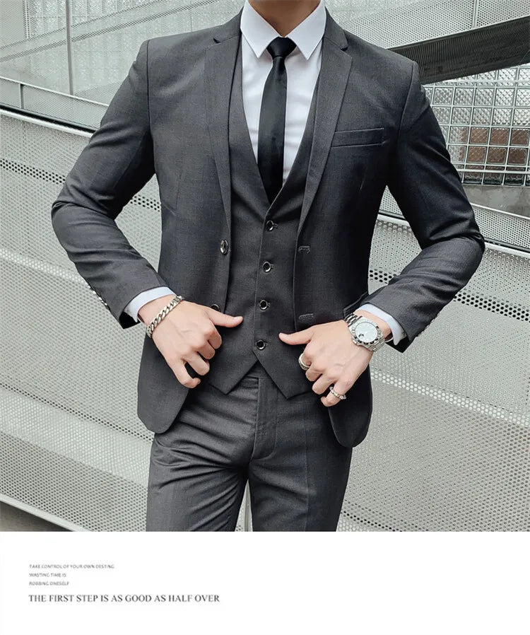 Solid Color Suit Men's Fashionable Gentleman Business Banquet Korean-style Formal Dress Casual Wedding (Blazer+Vest+Trousers)