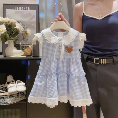 Korean Version Blue Checkered Printed Children's Clothing Sweet Girls Dresses Lace Patchwork Lapel Sleeveless Dress