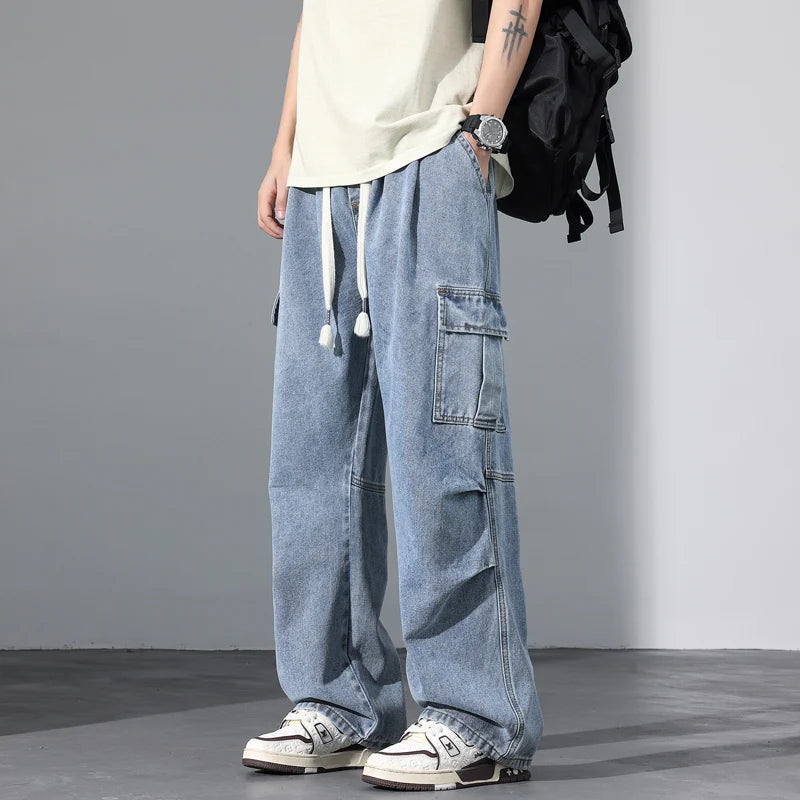 Large Pocket Baggy Solid Jeans Men's 2026 New Spring Classic Straight Denim Trousers Street Y2K Elastic Waist Casual Cargo Pants