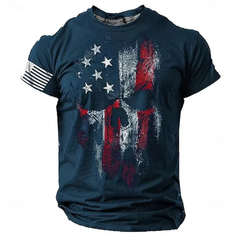 Skull USA flag graphic cotton TShirt Punk Goth Style Men Fitness Muscle Navy Blue Shirt