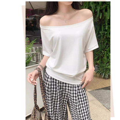Autumn Winter One Shoulder Cotton Long Sleeve Slant Shoulder Women's Clothing Style Interior Wide Truffle Shoulder Base Shirt