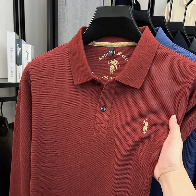 2025 New Cotton Long Sleeved T-shirt for Men, High End Embroidered Little Horse Logo Fashion Autumn/Winter Polo Top