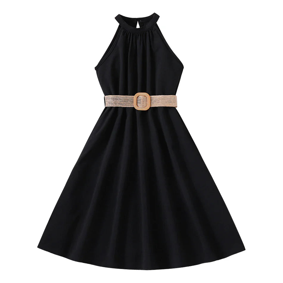 Elegant Summer Princess Dress for Teen Girls with Halter Neck and Off-Shoulder Children Sleeveless Casual Clothes with Belt