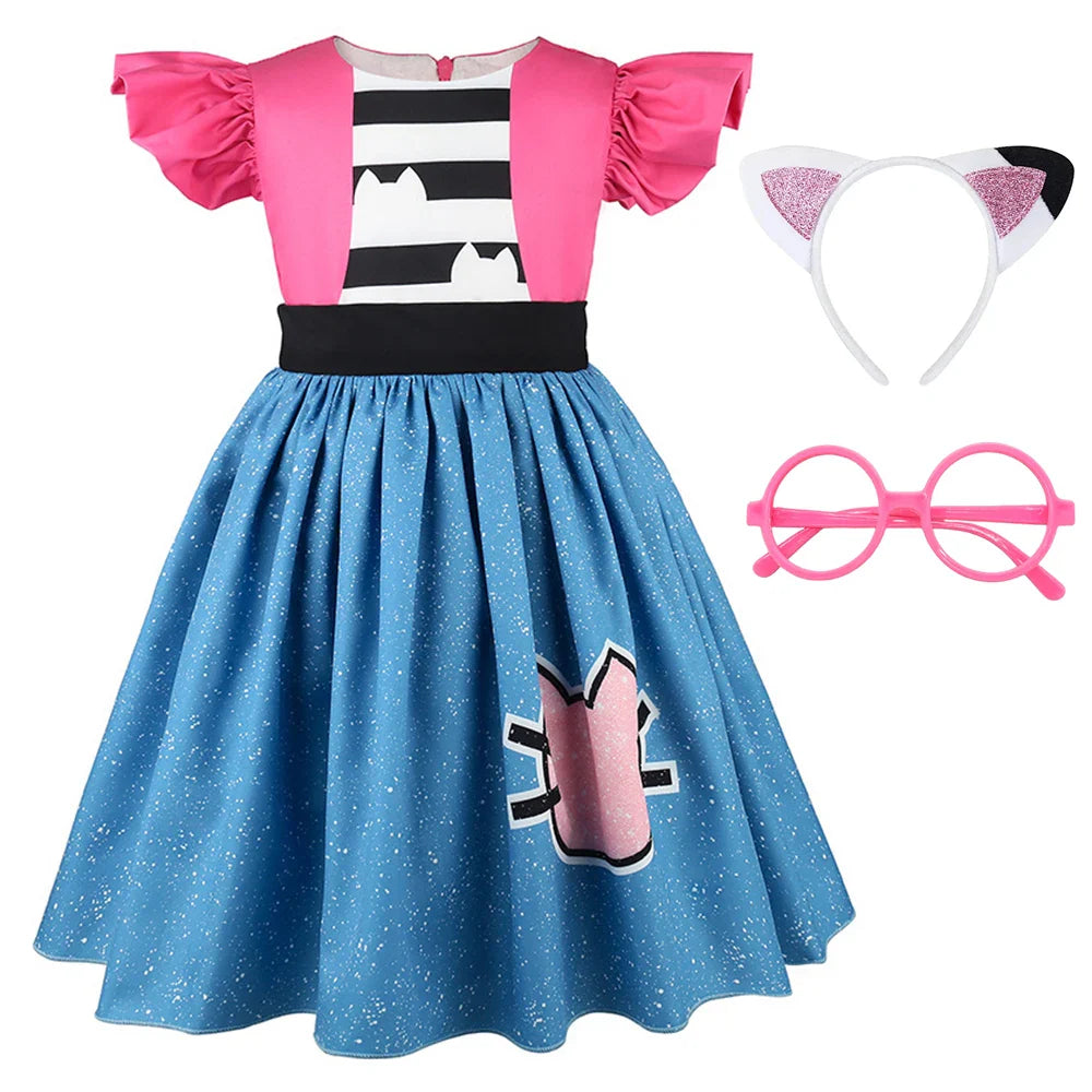 Fly-sleeve Cat Striped Princess Dress Girls Summer Dresses Gabbys Dollhouse Cosplay Costume Carnival Outfits Kids Birthday Gift