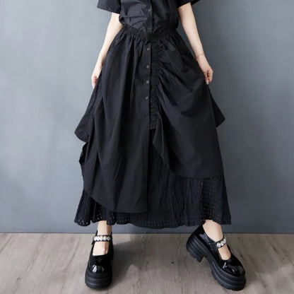 Spring And Summer Woman Hollow-out Splicing Irregular Fashion Loose Patchwork Drawstring Elastic Waist Pleated Umbrella Skirt
