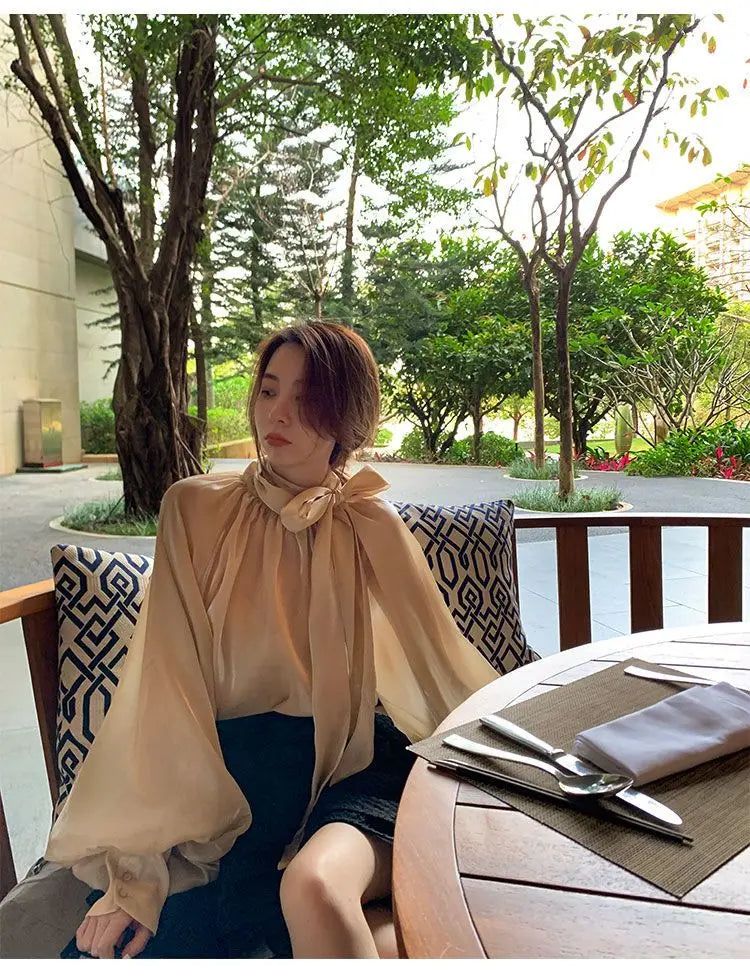 Spring Autumn Women Fashion Tops New Shirts Lantern Sleeve Stand Collar Solid Casual Vintage Elegant Temperament Long-Sleeved