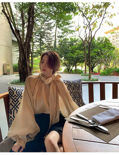 Spring Autumn Women Fashion Tops New Shirts Lantern Sleeve Stand Collar Solid Casual Vintage Elegant Temperament Long-Sleeved