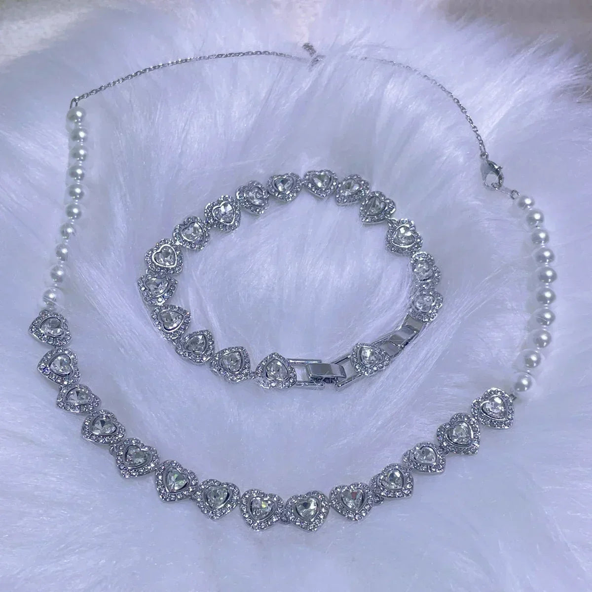 2025 New Trend Fine Wedding Jewelry Set Charm Silver Heart shaped Crystal Luxury Pearl Necklace Earrings Romantic Gift for Women