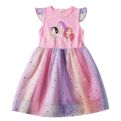 Baby Girls Dress Children Cartoon Mesh Star Sequins Princess Dress Kids Flying Sleeve Skirt For Birthday Gift