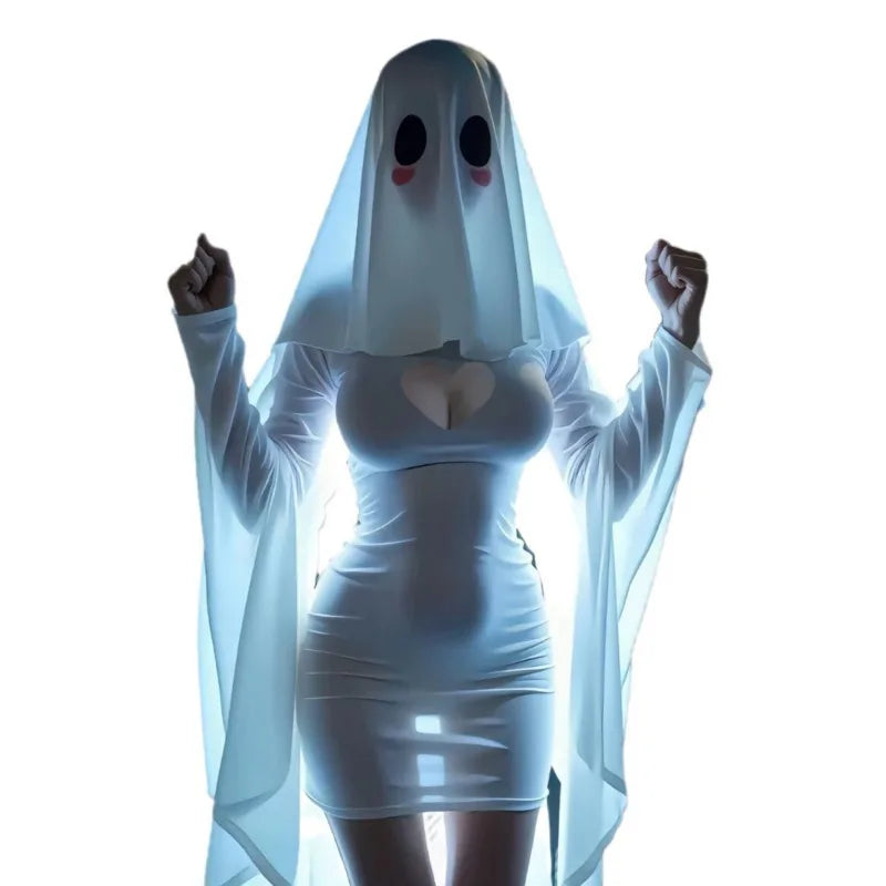 Hollow Ghost Dress Halloween Uniform Temptation Dress Backless Deep V Long Sleevess Dress Elegant Charming  5DZW