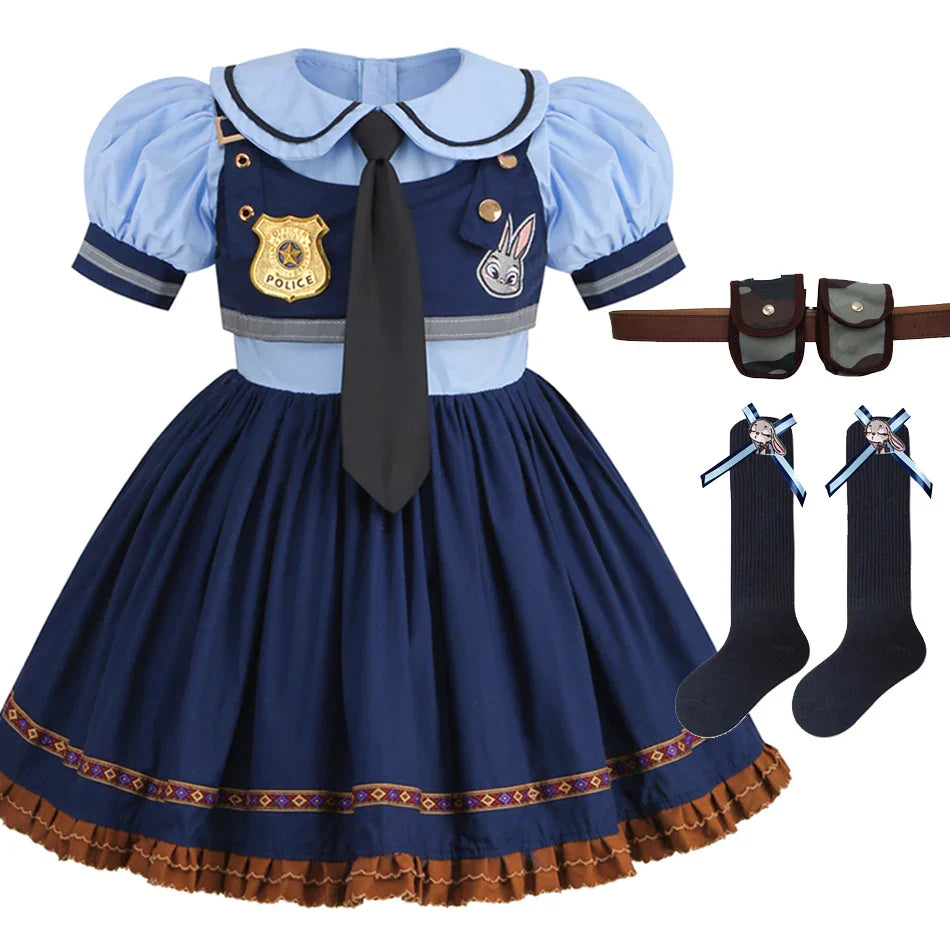 Judy Cosplay Costume Kids Carnival Party Dress Girls Tie Headdress Belt Socks Sets Police Role Play Movie Uniform Birthday Gift