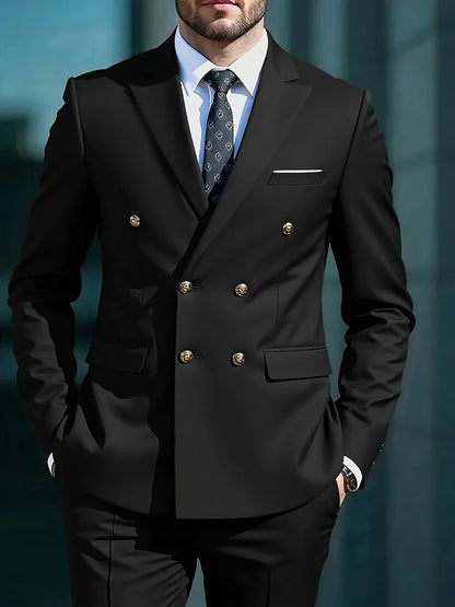 2026Business No-IronDouble-BreastedGolden Button Suit 2pcsTrendy Men's Retro Solid ColorSimpleSlimFit Stylish