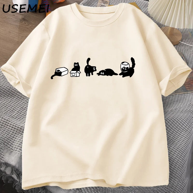 Five Mood Cats T-Shirts Oversized Cat Mom Tee Funny Cotton Short Sleeve Cat Lovers T Shirt Men Women Casual O Neck Summer Tops