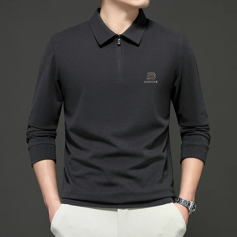 High Quality Polo Shirtspring and Autumn Long Sleeved Men's T-shirt Printed Pattern New Business Casual Solid Color Loos T-shirt