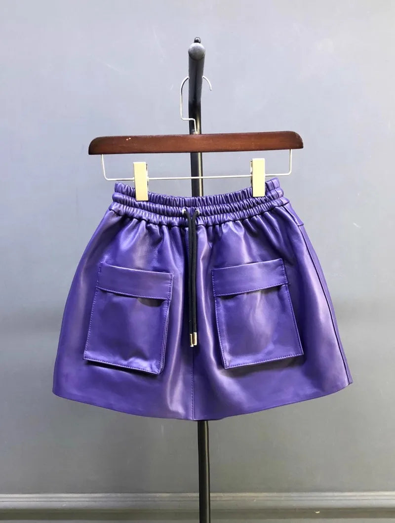 New Autumn Natural Sheepskin Elastic Waist Shorts Skirts A-Line Pocket Wide Leg Casual Above Knee Mini Genuine Leather Skirt 4XL