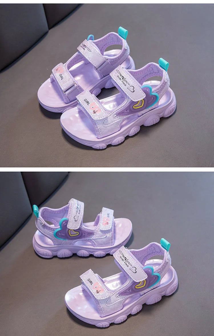 2026 New Summer Girls Sports Sandals Love Heart Decor Soft Non-Slip Beach Sandals For 3-12 Years Old Kids