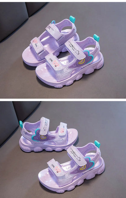 2026 New Summer Girls Sports Sandals Love Heart Decor Soft Non-Slip Beach Sandals For 3-12 Years Old Kids