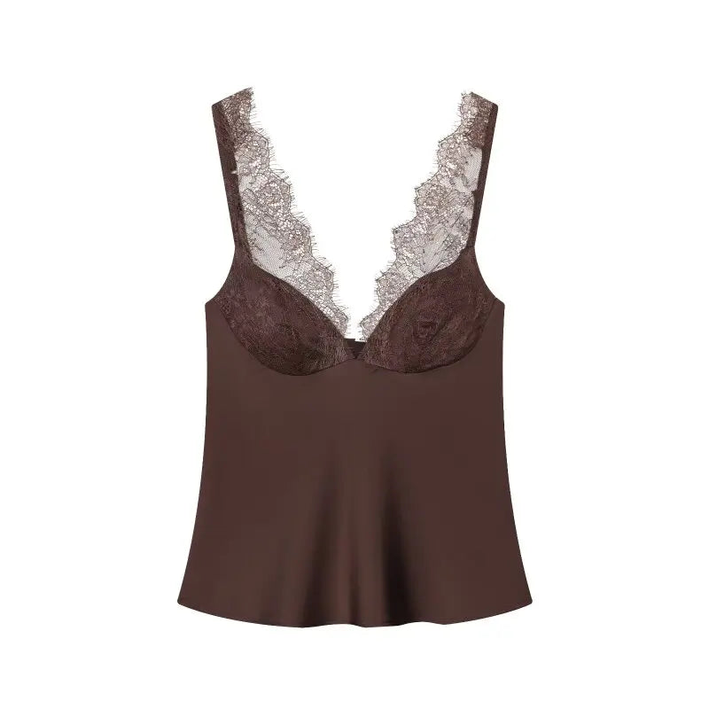 Women's Satin Lace Camisole - Sexy V-Neck Sleeveless Top for Summer, Perfect for Party & Beach Outfits, Comfortable Silky Feel