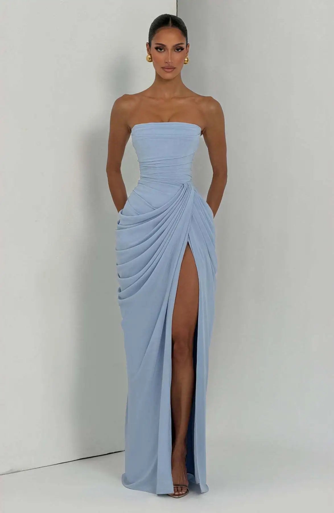 Women Sexy Solid Pleated Strapless Dress Lady Chic Off-shoulder Backless High Waist Split Dresses 2026 New Evening Party Gown