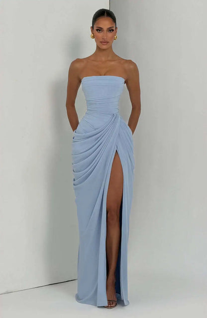 Women Sexy Solid Pleated Strapless Dress Lady Chic Off-shoulder Backless High Waist Split Dresses 2026 New Evening Party Gown