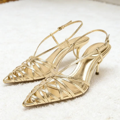 Luxury Gold Brand Heels Women Fashion Narrow Strap Hollow Thin High Heel Summer Sandals Sexy Pointed Toe Slingbacks Dress Shoes