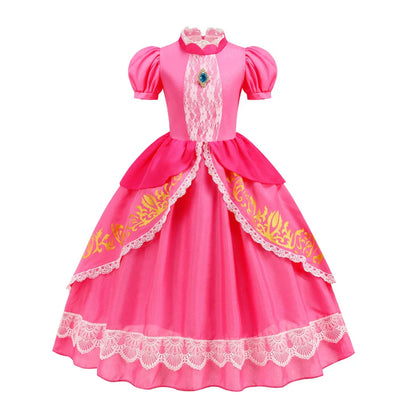 Pumber Bros Vedio Game Movie Cosplay Girl Peach Dress up Lace Ball Gown Princess Costume Kid Cute Halloween Clothing Frock 2-10Y