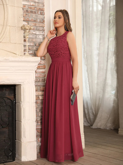 Hot Sale Lace A Line Prom Dress 2024 New Style Evening Dress Chiffon Back Illusion Bridsmaid Dress Pleat vestidos de fiesta