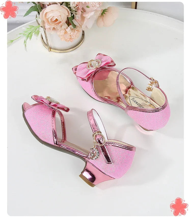 New Girl's High Heel Shoes for Kids Party Wedding Fashion Princess Causal Dress Shoes Sequins Versatile Children's Crown Sandals