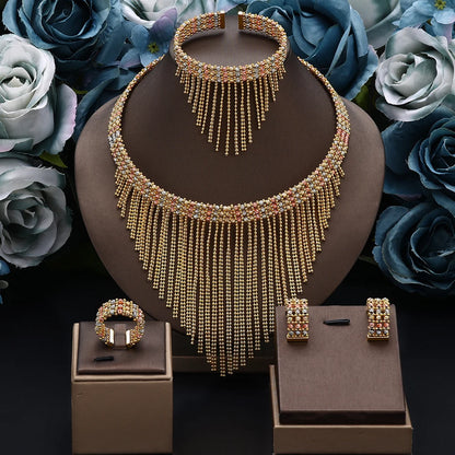 Conjunto de Joias de Casamento de Luxo Dubai Nigéria Conjuntos de Joias Nupciais para Mulheres Festa Colar de Cobre Banhado a Ouro com Contas de Borla