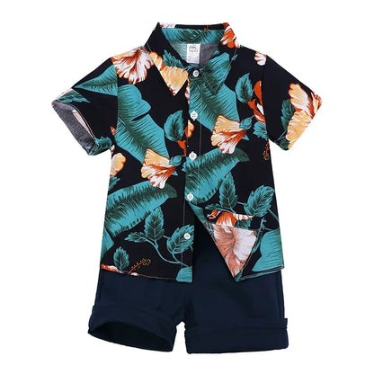 Toddler Baby Boys Sets Summer Hawaiian Outfit Infant Kids Floral Print Short Sleeve Shirt Bowtie Shirt+Shorts Gentleman Suits