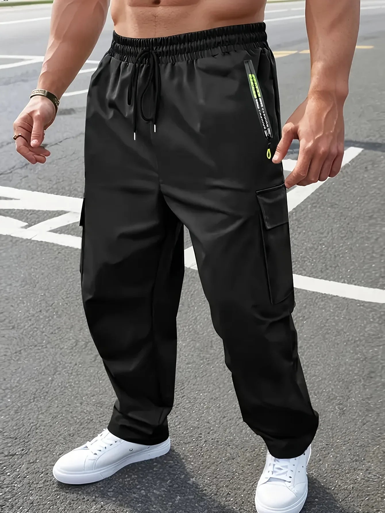 Men Lightweight Cargo Pants with Drawstring Elastic Waist Multiple Zipper Pockets Large Side Pockets Breathable Regular Fit