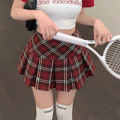 Summer 2024 Vintage Korean Style High Waist Patchwork A-line Mini Skirt Harajuku Preppy Fashion Plaid Pleated Skirt Red Women